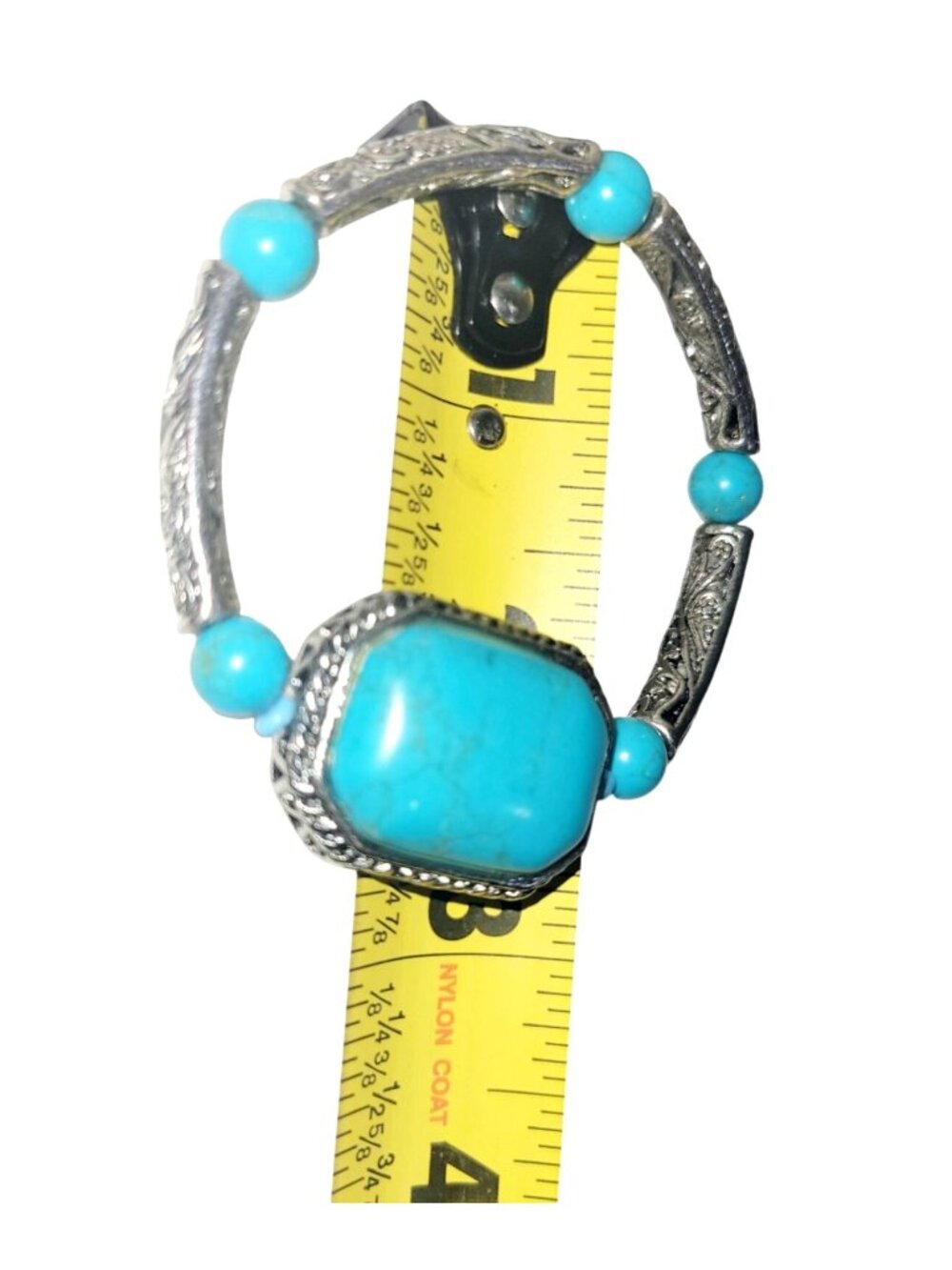Vintage Turquoise Stone and Chips Silver Tone Fillagree Bracelet - Picture 7 of 9